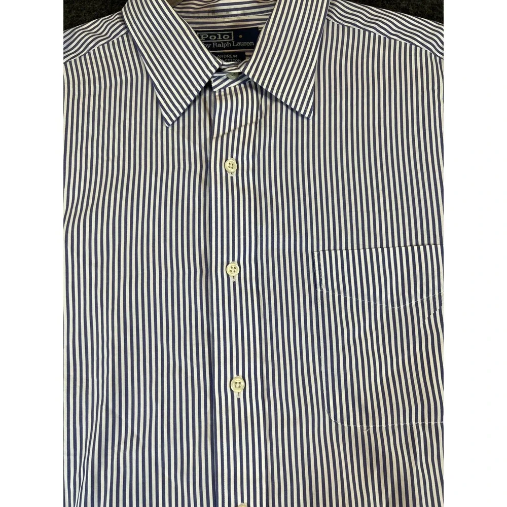 Polo Ralph Lauren Andrew Shirt Mens 17 32/33 Blue White Stripe Cotton LS Shirt